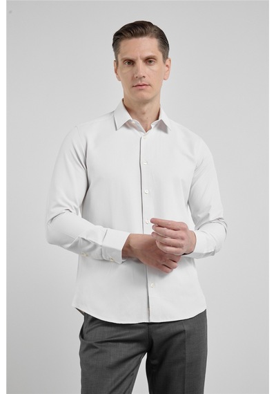 İmza Koyu Bej Kendinden Desenli Sert Yaka Uzun Kol Cepsiz Slim Fit Pamuklu Gömlek 1004255283