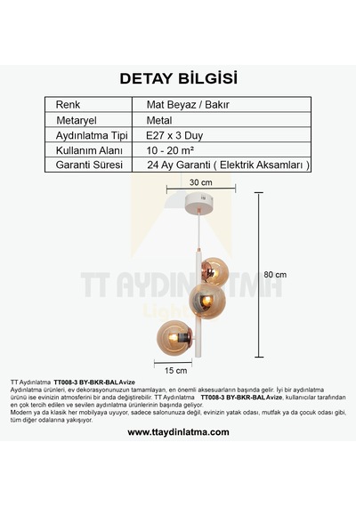 Tt008-3 By Tt Aydınlatma Beyaz-Bakır Renk Bal Camlı Lüks Avize