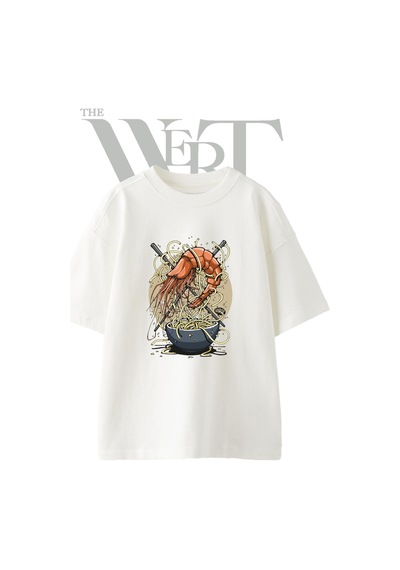 Thewert Shrimp Noodle Tasarım Baskılı Ünisex Beyaz Oversize T-shirt