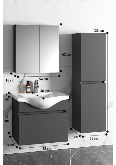 Yıldız 55+35 Cm Antrasit Gri Mdf Lavabolu Asma Banyo Dolabı Takım Antrasit - Gri