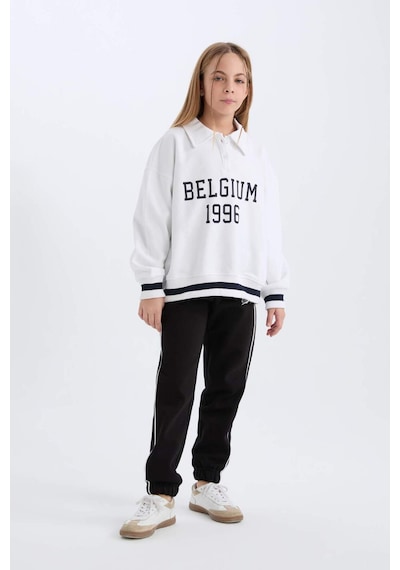 DeFacto Kız Çocuk Oversize Geniş Kalıp Polo Yaka Baskılı İçi Yumuşak Tüylü Sweatshirt D3497A824WNWT34 Beyaz