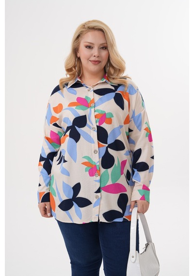 Polologin Butik Soyut Yaprak Desenli Bej Viskon Tunik Bej