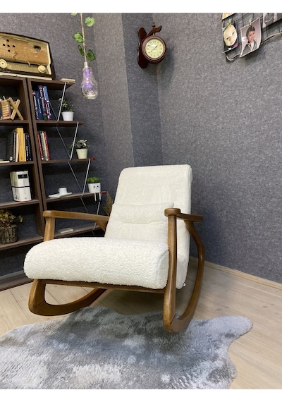 Asedia Ekol Açık Ceviz Teddy Krem Ahşap Sallanan Sandalye Dinlenme Koltuğu