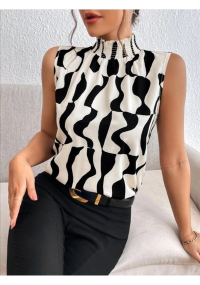 Efnaz Style Kadın Kolsuz Balıkçı Yaka Desenli Süprem Bluz Beyaz