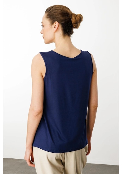 Desen Triko Kadın Sıfır Yaka Yakası Taşlı Askılı T-shirt 25755 Lacivert Lacivert