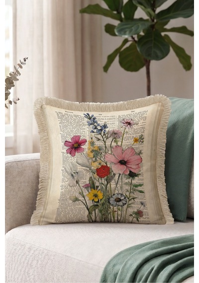 Vintage Çiçek Botanik Saçaklı Yastık Kılıfı-nostaljik Floral Krem Bej Vizon Püsküllü Kırlent Kılıfı Çok Renkli