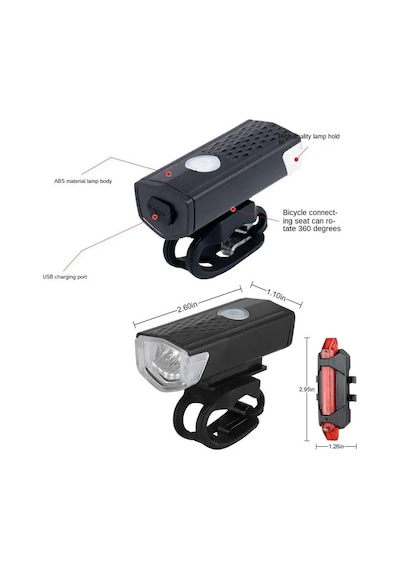 Su Geçirmez Usb Şarj Led Bisiklet Scooter Ön Far Arka Işık Lambası Işık Seti Bisiklet Far Kırmızı  - Siyah