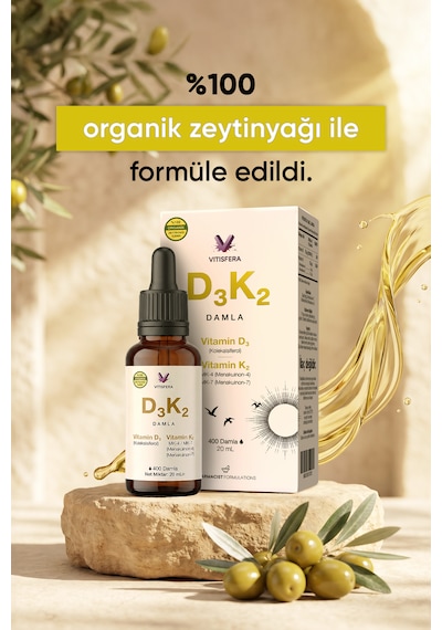 D3k2 Damla - 20 Ml - 400 Damla - 1000 Iu D3 & 20 Mcg K2 - %100 Organik Zeytinyağı Bazlı