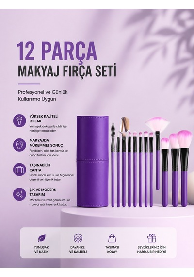 12'li Makyaj Fırça Seti Yumuşak Kıllı Profesyonel Kullanıma Uygun - Lisinya