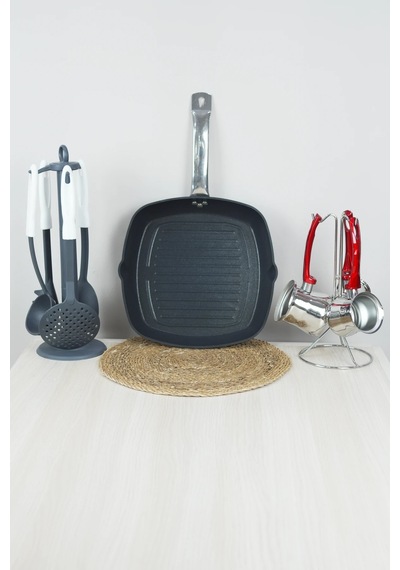 Bonera Titanyum 28cm Izgara Grill Tava - Siyah Gold Altın - Siyah