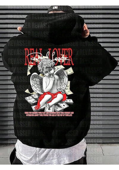 Startmore Siyah Unisex Oversize Real Lover Baskılı Bol Kesim Kapşonlu Şardonlu