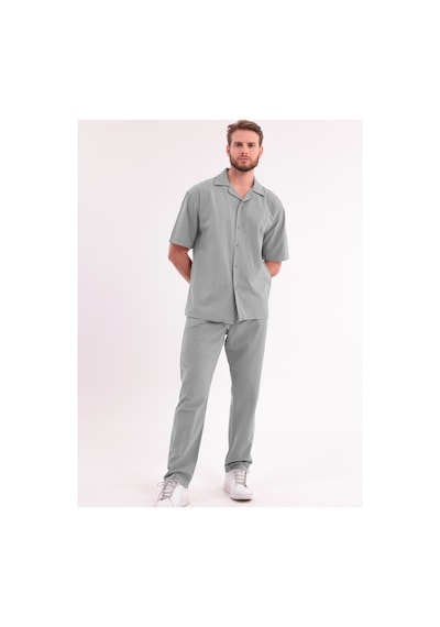 Erkek Siyah Keten Takım Oversize Gömlek & Pantolon 2'li Set Bağcıklı Rahat Yazlık Kombin Çağla Yeşili
