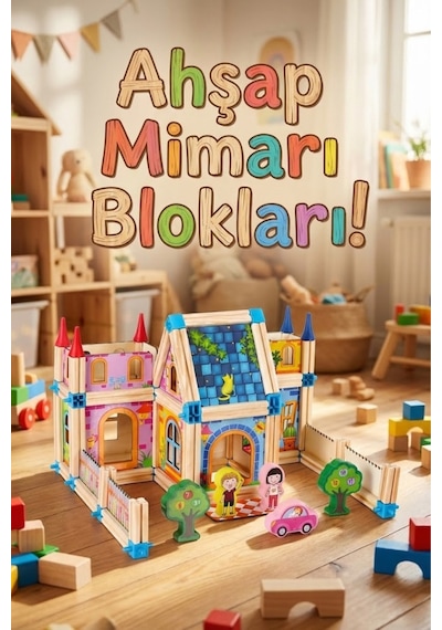 128 Parça Ahşap Yapı Blokları - Eğitici Maket Ev İnşaat Seti - Montessori Zeka Geliştirici Oyuncak