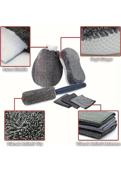 Polham Profesyonel 11 Parça Mikrofiber Araç Oto Yıkama Seti Araç Fırçası Araç Mikrofiber Bez Seti