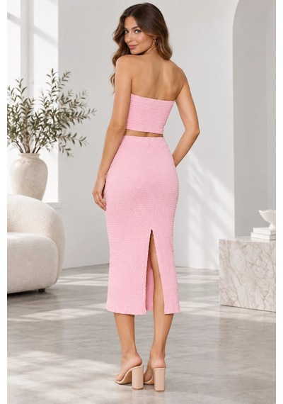 Mevese Kadın Bürümcük Kumaş Straplez Crop Ve Midi Kalem Etek İkili Set - Pembe