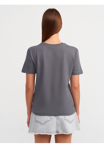 Dilvin Pamuklu Bisiklet Yaka T-shirt Füme