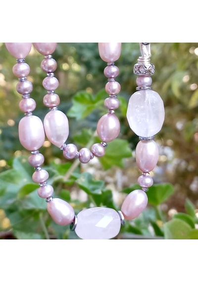 2865 Doğal Pembe İnci Kuvars Zirkon Hematit El Yapımı Uzun Kolye 046 - Pembe