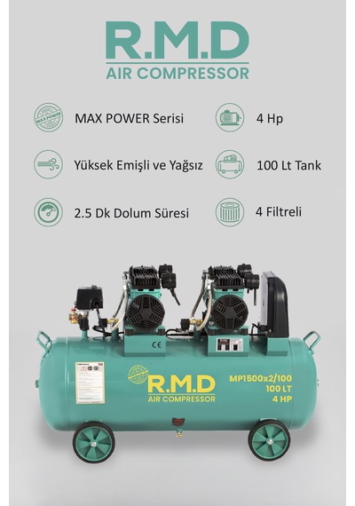 R.m.d Kompresör 100 Lt Yüksek Emişli Yağsız Teknoloji Hava Kompresörü -mp1500x2ı100