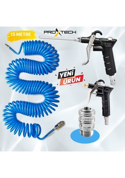 Kompresör Spiral Hava Hortumu 8 Mm 15 M Hava Jakı Hava Tabancası Recor 3 Pcs Seti