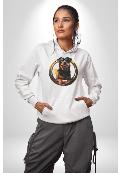 Süper Tasma Rottweiler Eğitim Kadın Erkek Beyaz Kapüşonlu Sweatshirt Hoodie Beyaz