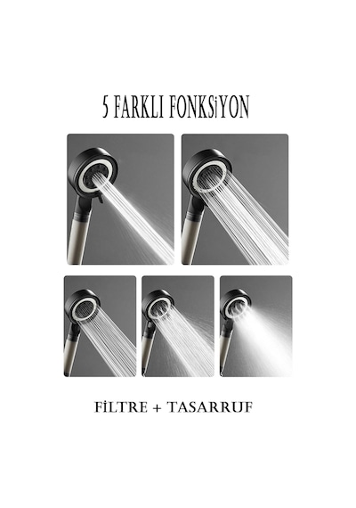 Kustar 5 Fonksiyonlu Çelik Su Tasarruflu Filtreli Turbo Jet Duş Başlığı Siyah