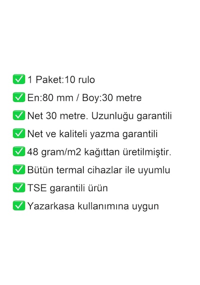 80x30 Metre Yazarkasa Ve Adisyon Rulosu 10'lu Paket / En:80 Mm Boy:30 Metre