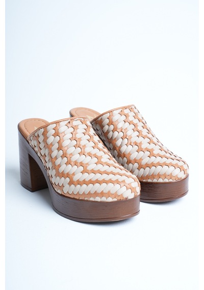 Analin Shoes Kadın Hakiki Deri Platform Topuklu Örgülü Terlik Taba