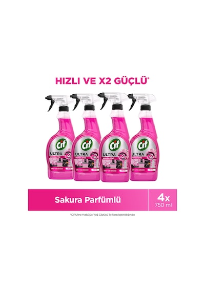 Cif Ultra Hızlı Ve X2 Güçlü Kir & Yağ Sökücü Sakura Parfümü İle Etkili Temizlik 750 Ml X4 Diğer