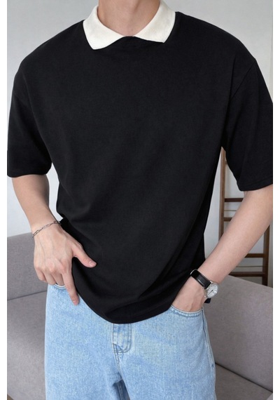 Erkek Kolej Yaka Tişört Kontrast Detaylı Casual Regular Polo Yaka T-shirt Siyah