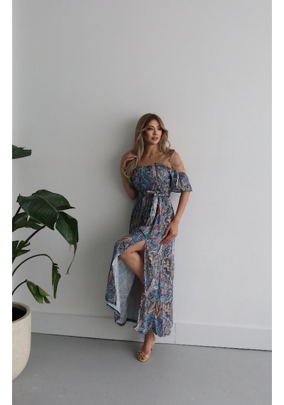 De'charme Kadın Kısa Kollu Madonna Yaka Fırfırlı Belden Yırtmaçlı Maksi Süprem Elbise Mavi