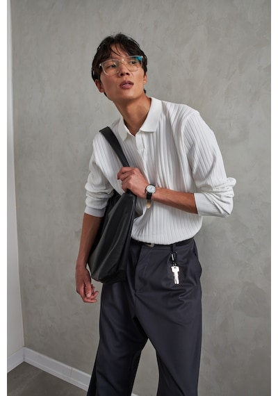 Erkek Polo Yaka Fitilli Oversize Triko Kazak Beyaz