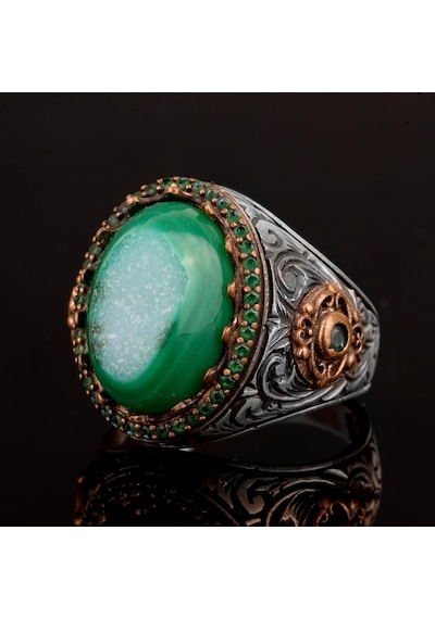 Gerçek Doğal Drusy Kristal Kuvars Taşı Erkek Yüzüğü, Vintage Yüzük, 925 Ayar Gümüş Yüzük Gümüş