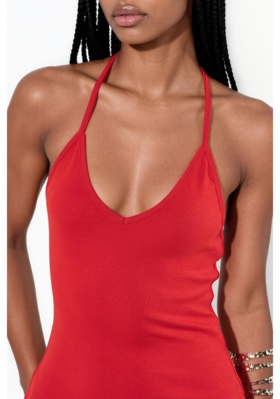 Hiccup Busem Slim Fit Halter Yaka Jarse Bluz Kırmızı