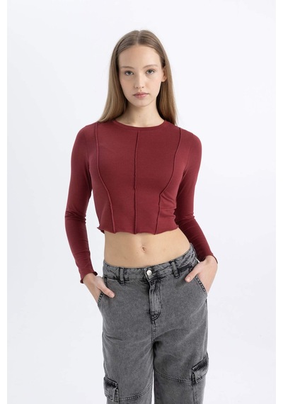 DeFacto Coool Fitted Bisiklet Yaka Basic Düz Crop Uzun Kollu Tişört C4469AX24SPBR182 DeFacto Coool Fitted Bisiklet Yaka Basic Düz Crop Uzun Kollu Tişört C4469AX24SPBR182