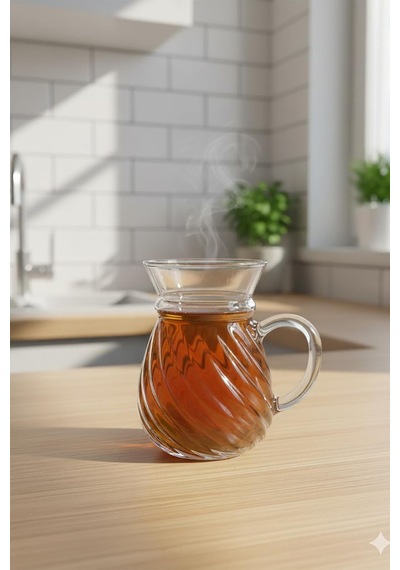 Lunero Borosilikat Cam 6'li Çay Bardağı Seti Bambu Tabanlı Çizgili 200 Ml Çok Renkli