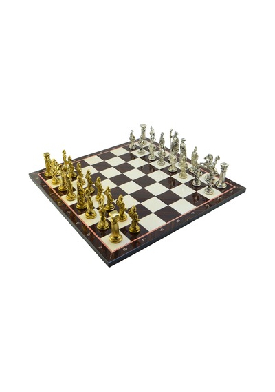 Gifthome Battal Boy Metal Roma Satranç Takımı Parlak Ve Katlanır Ceviz Desenli Mdf Satranç Tahtası 43x43 Cm.