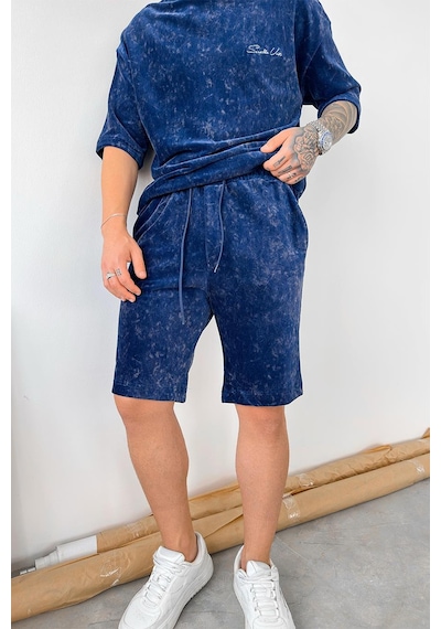 İndigo İnce Fitilli Batik Desen Relaxed Şort İndigo