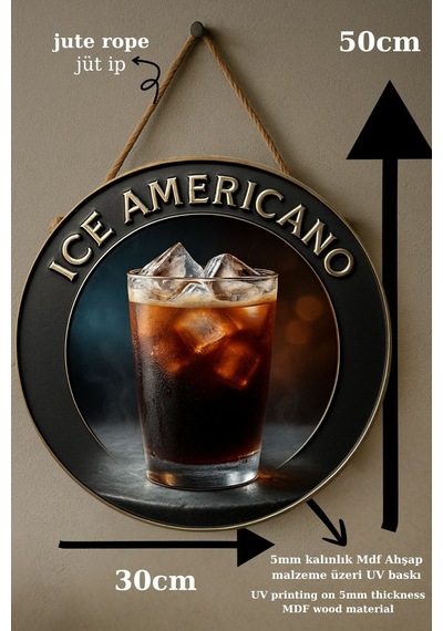 Ice Americano Temalı Yuvarlak Cafe Tabelası, Jüt İpli Ahşap Duvar & Kapı Dekoru, Barista Tarz Süs