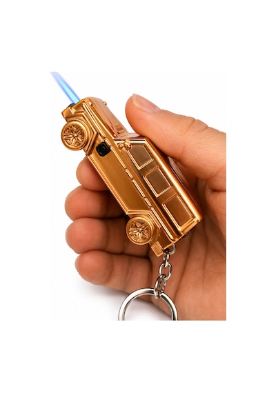 Metal Arazi Aracı Tasarımlı Gazlı Anahtarlıklı Çakmak Alev Ayarlı Dekoratif Model Sarı