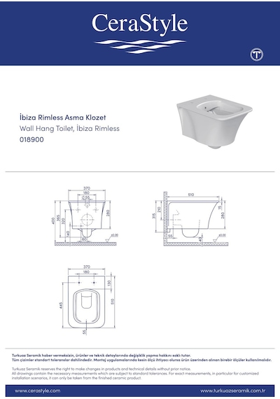 Turkuaz Cerastyle İbiza Kanalsız Rimless Asma Klozet Ve Kapak, Mat Gri