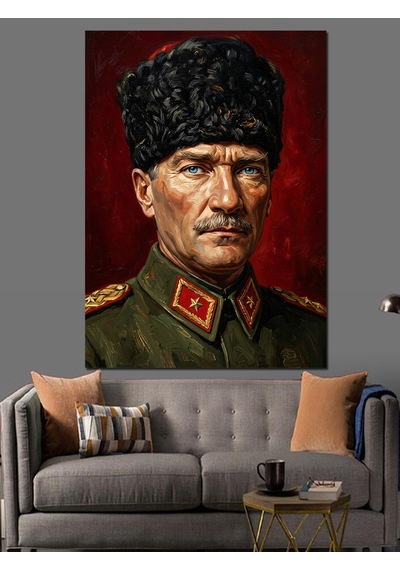 Kalpaklı Atatürk Asker Portresi Dekoratif Kanvas - Mdf Ahşap Tablo