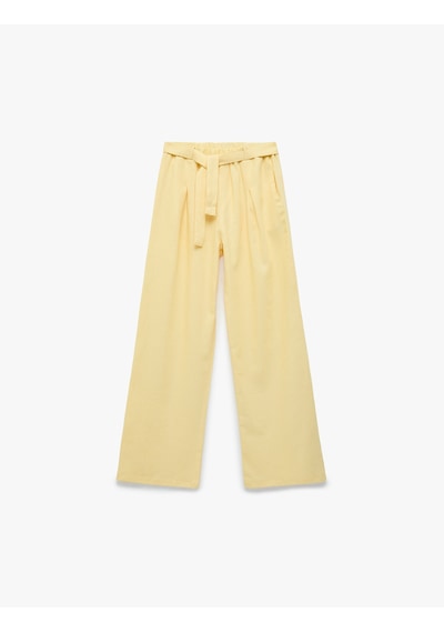 Koton Beli Bağlamalı Keten Ve Viskon Karışımlı Geniş Paça Pantolon Sarı 6skg40093aw