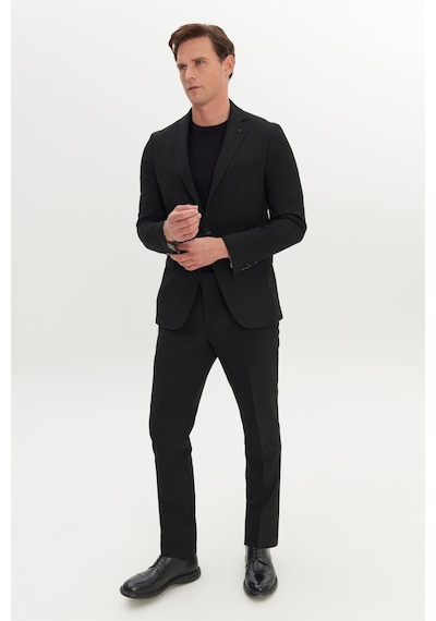 Ac&co Erkek Sıyah Slim Fit Dar Kesim Mono Yaka Gofre Desenli Takım Elbise Siyah