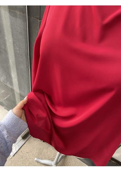 Pera Moda Yanları Boncuklu Zarif Kollu Uzun Oversize Büyük Beden Kadın Gömlek Kırmızı