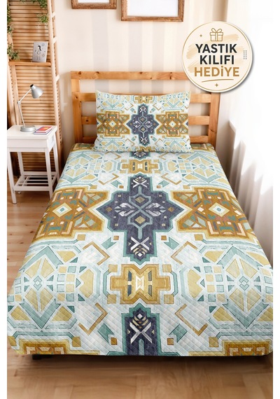 Turkuaz Etnik Geometrik Tek Kişilik Pike Takımı - Bohem Hardal Lacivert 160x220 Cm Yatak Örtüsü Naif Kervan Sessizliği