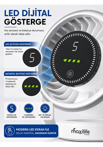 Breeze Mg-5056f 6 İnç Şarjlı Mini Masa Vantilatörü Led Göstergeli 5 Kademeli Hız Ayarlı