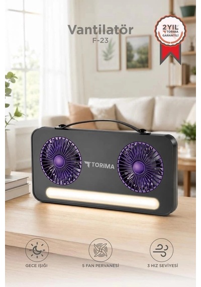 Premium Torima Vantilatör Led Işıklı Şarjlı Çift Fanlı F23 Cihaz Çalışma Seyahat