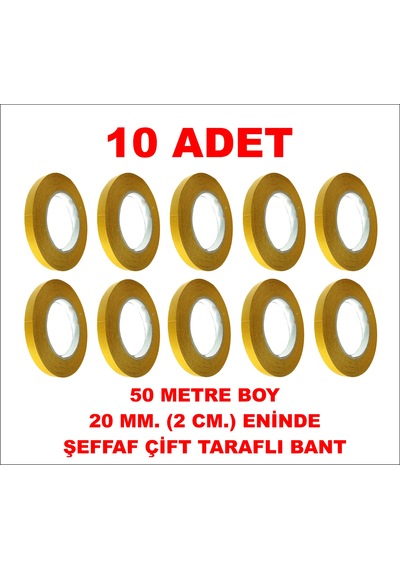 Çift Taraflı Şeffaf Bant 50 M. 20 Mm 10 Adet
