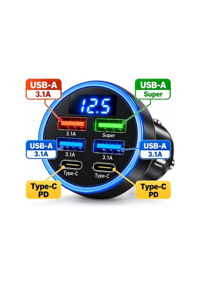 6 Portlu Araç Şarj Cihazı 4 Usb + 2 Type-c, Led Akü Voltaj Göstergeli, 3.1a Çoklu Şarj Soketi, Oto Çakmaklık Usb Adaptörü