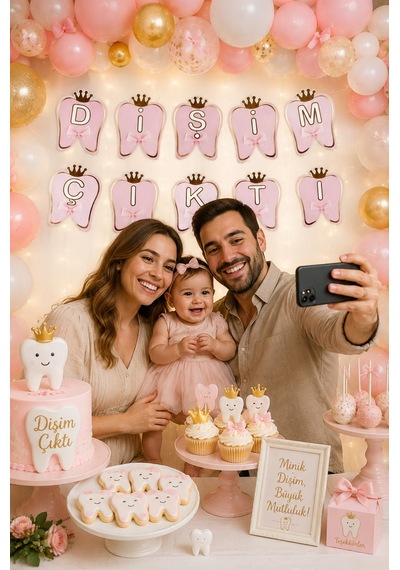 Dişim Çıktı Pembe Kız Çocuk Diş Buğdayı Karton Yazı Lüx Banner Parti Süsü Genel